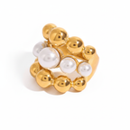 Bague de Cocktail Tendance en Acier Inoxydable Doré avec Perles