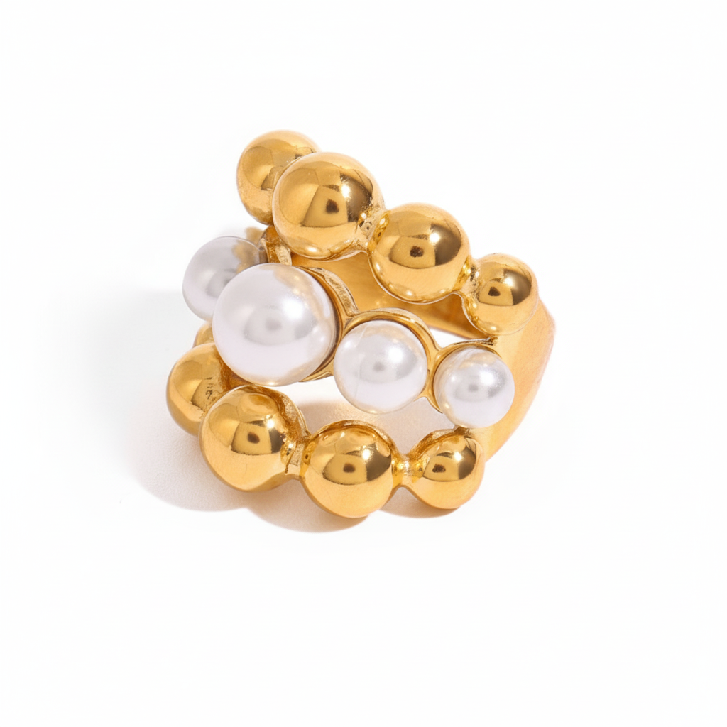 Bague de Cocktail Tendance en Acier Inoxydable Doré avec Perles