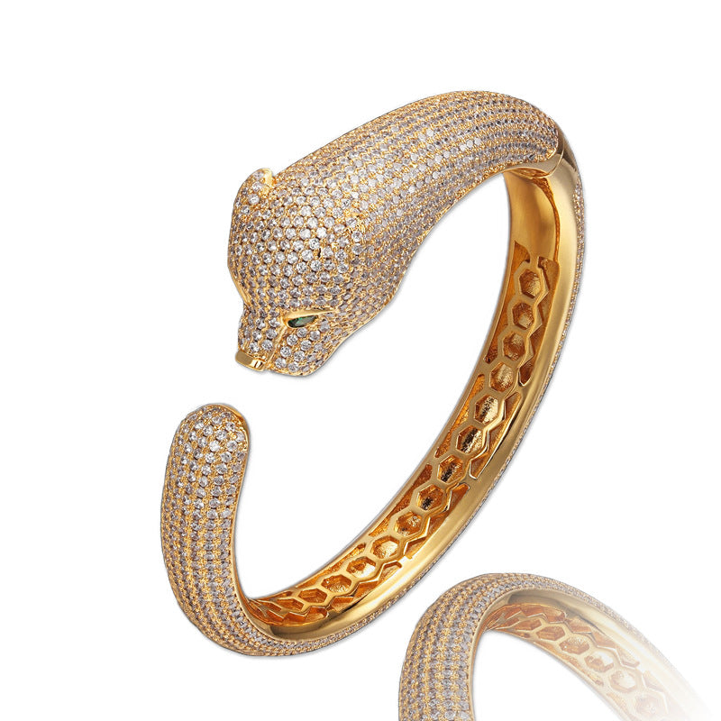 Bracelet Panthère Femme – Manchette Sertie de Zircons en Acier Inoxydable Doré, Argenté ou Or Rose