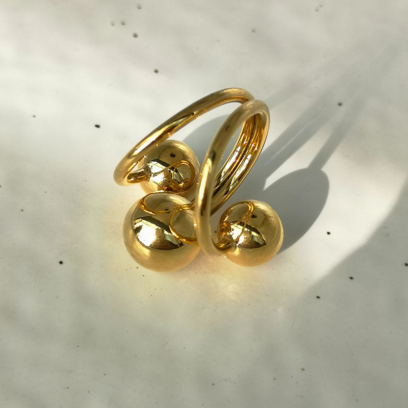 Bague Pure Glow Double Sphères Ajustable  Acier Inoxydable Plaqué Or