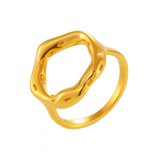 Elegant women’s gold stainless steel ring with irregular openwork organic design, lightweight and hypoallergenic jewelry, minimalist style, displayed on white background.