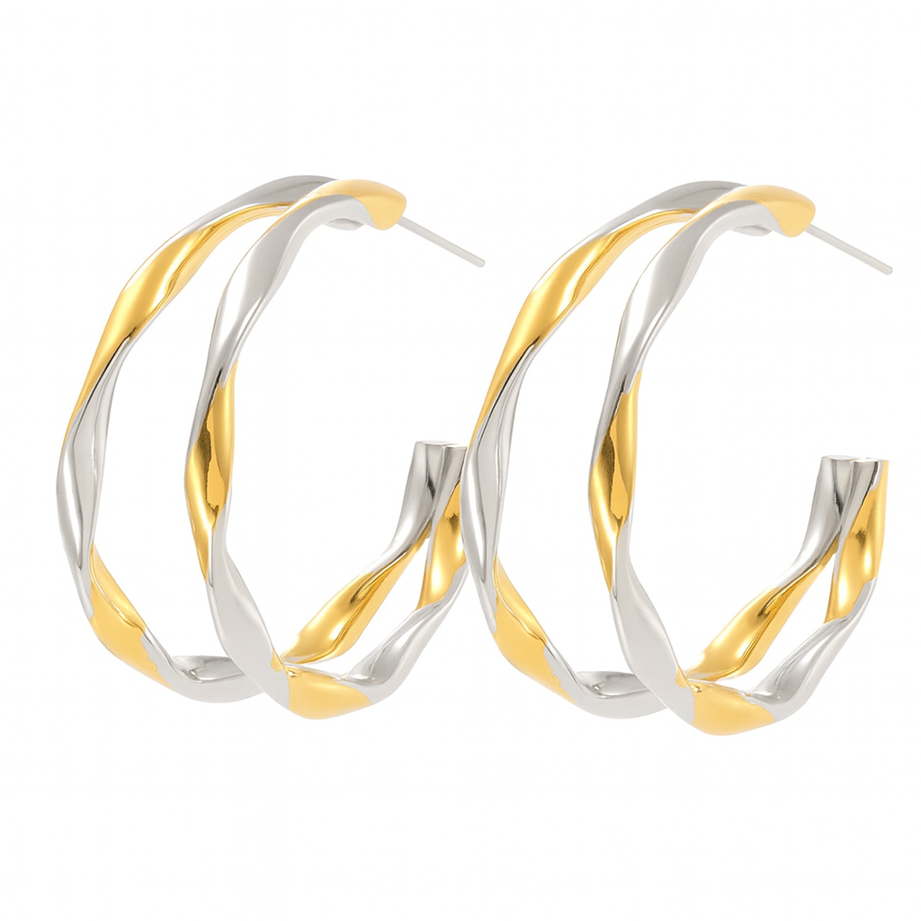 Boucles d’oreilles créoles torsadées bicolores or et argent