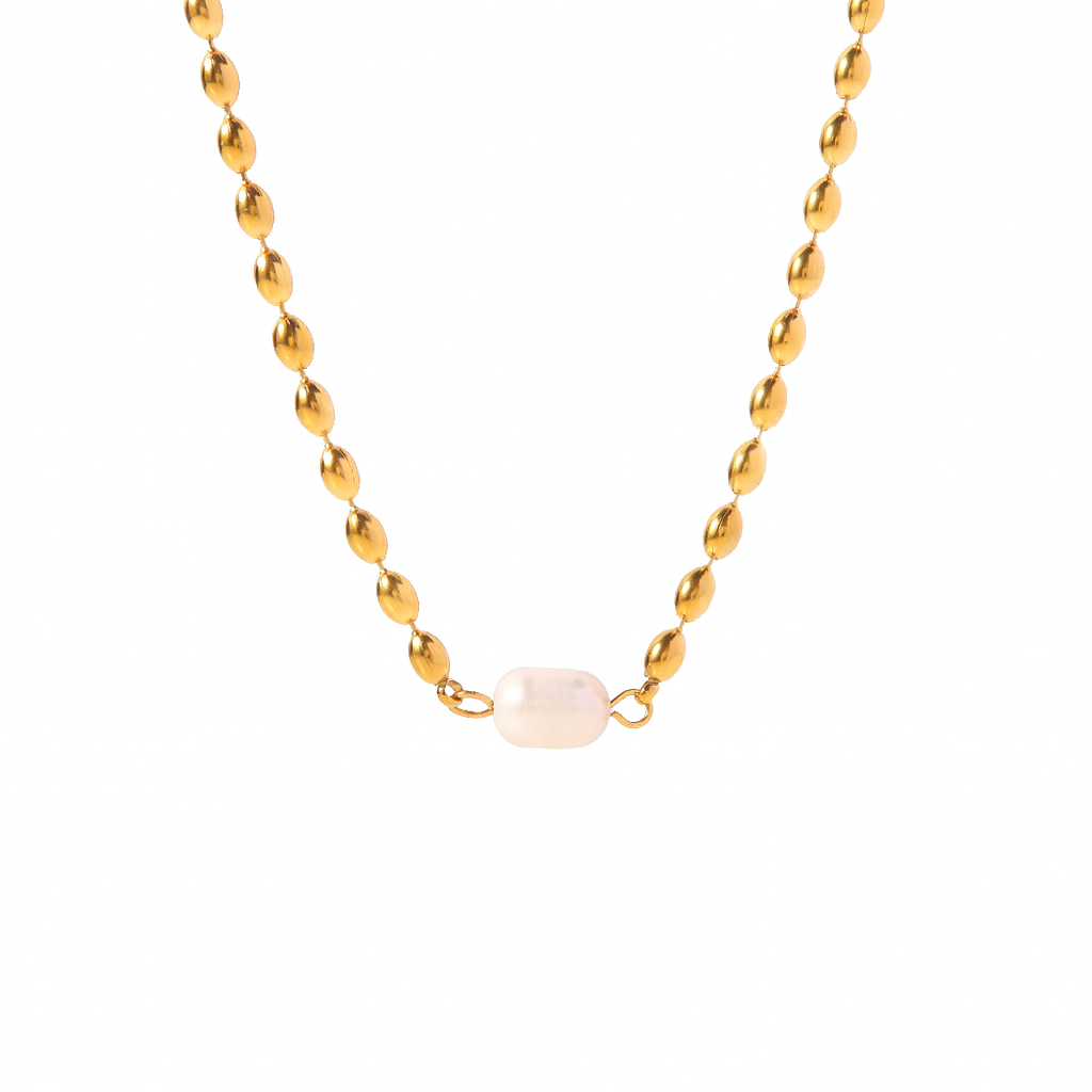 Collier Chaîne Perles Dorées avec Perle Blanche – Acier Inoxydable Waterproof & Hypoallergénique – Bijou Élégant Femme