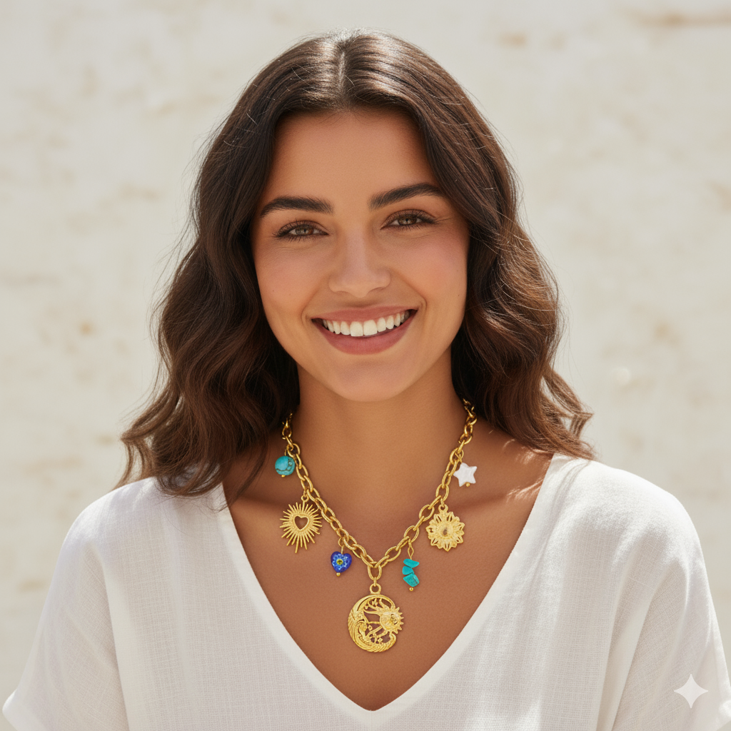 Naïa - Chaîne charms Fait Main Acier inoxydable Or & Pendentifs Célestes