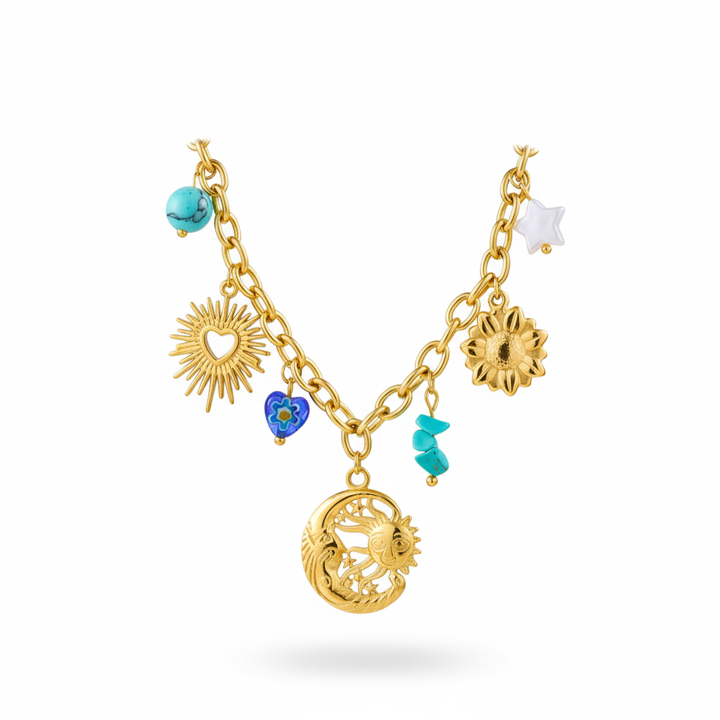 Naïa - Chaîne charms Fait Main Acier inoxydable Or & Pendentifs Célestes