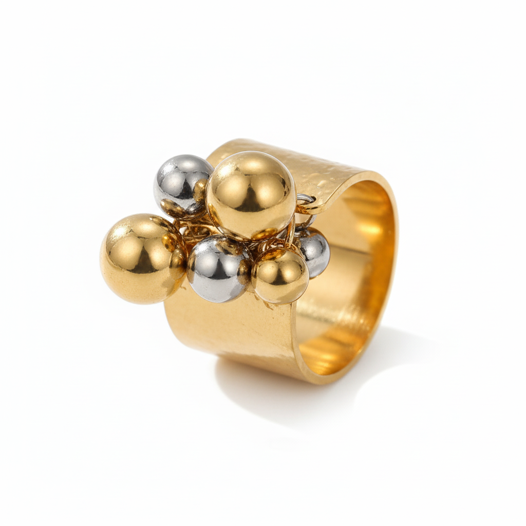 Bague femme large dorée  Anneau design avec billes argentées et dorées en acier inoxydable