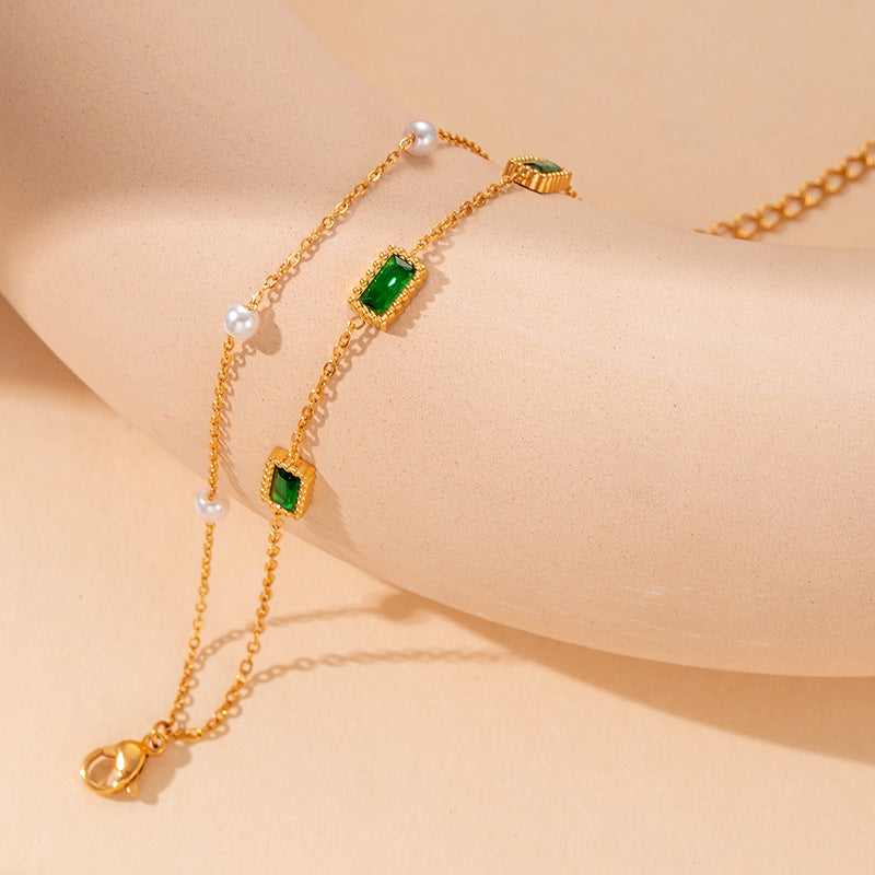 Bracelet femme doré en acier inoxydable  Double chaîne élégante avec pierres brillantes | Bijou mode chic & durable