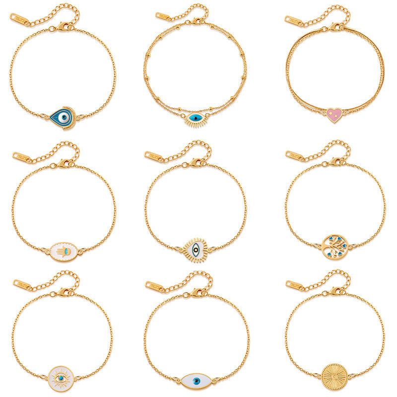 Bracelet doré œil protecteur en acier inoxydable  Amulette porte-bonheur | Arbre de vie, main magique & symboles spirituels