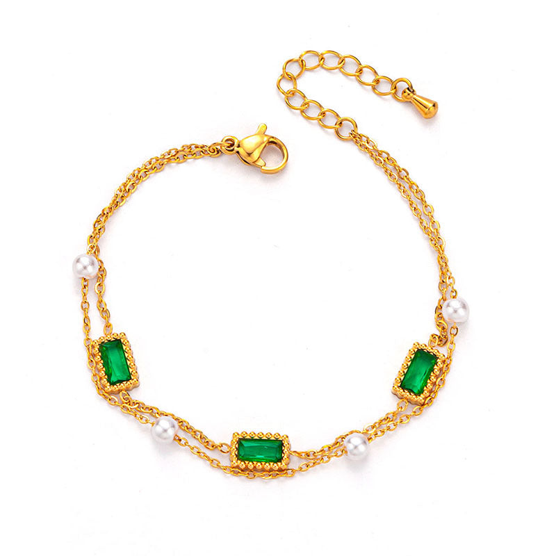 Bracelet femme doré en acier inoxydable  Double chaîne élégante avec pierres brillantes | Bijou mode chic & durable