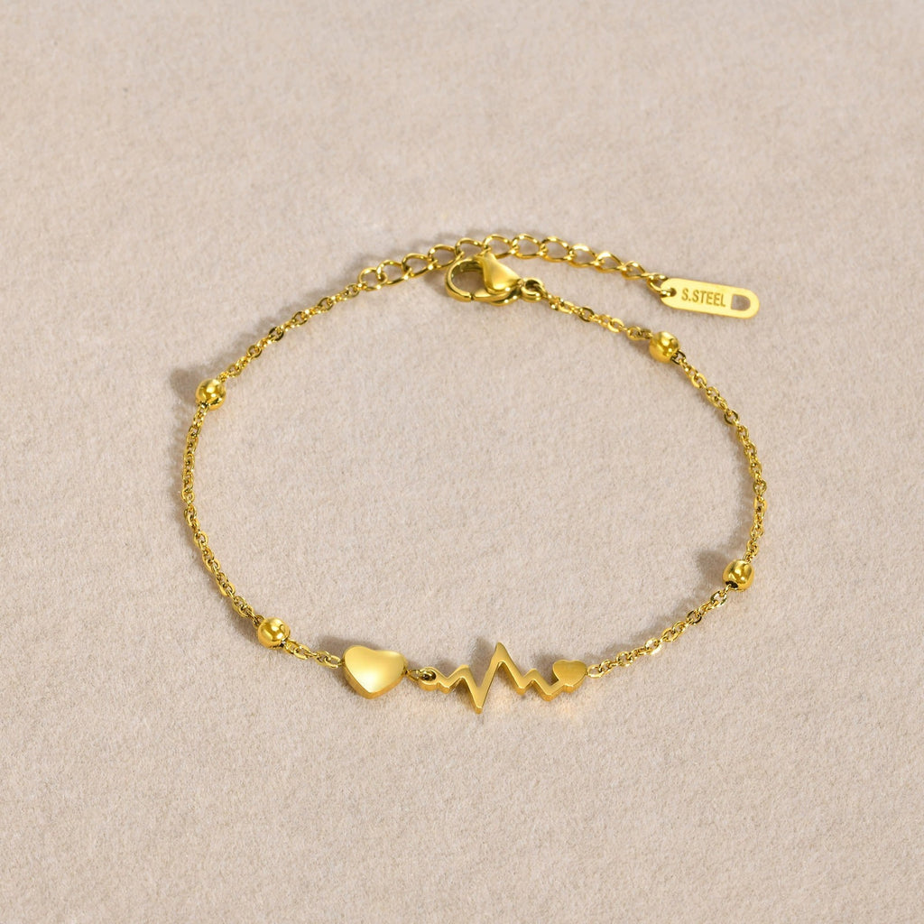 Bracelet doré en acier inoxydable  Motif battement de cœur & cœur | Bijou femme tendance | Cadeau symbolique amour & amitié