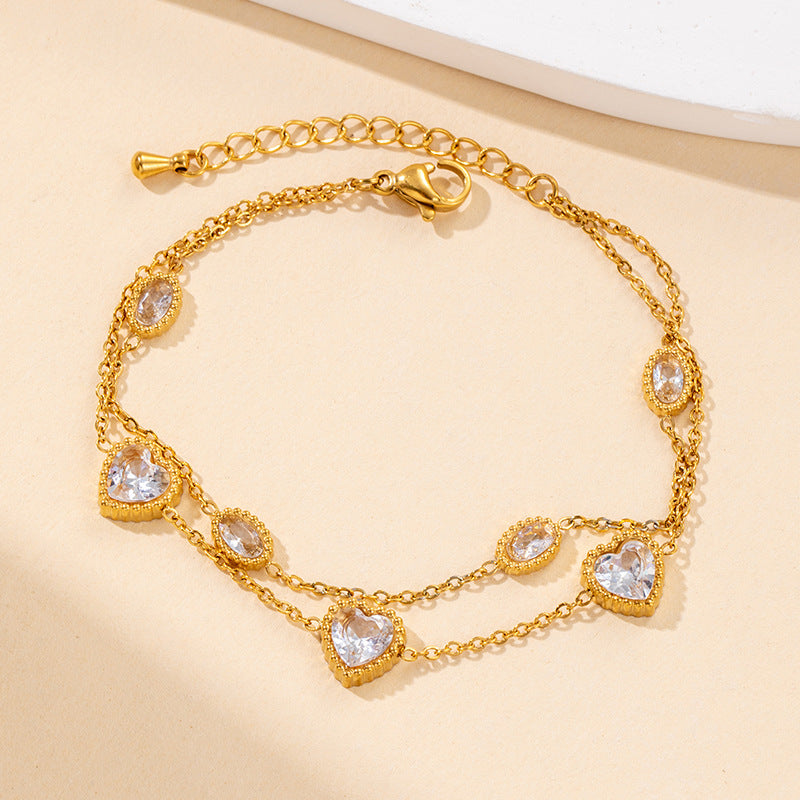 Bracelet femme doré en acier inoxydable  Double chaîne élégante avec pierres brillantes | Bijou mode chic & durable