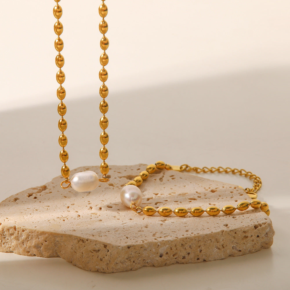 Collier Chaîne Perles Dorées avec Perle Blanche – Acier Inoxydable Waterproof & Hypoallergénique – Bijou Élégant Femme
