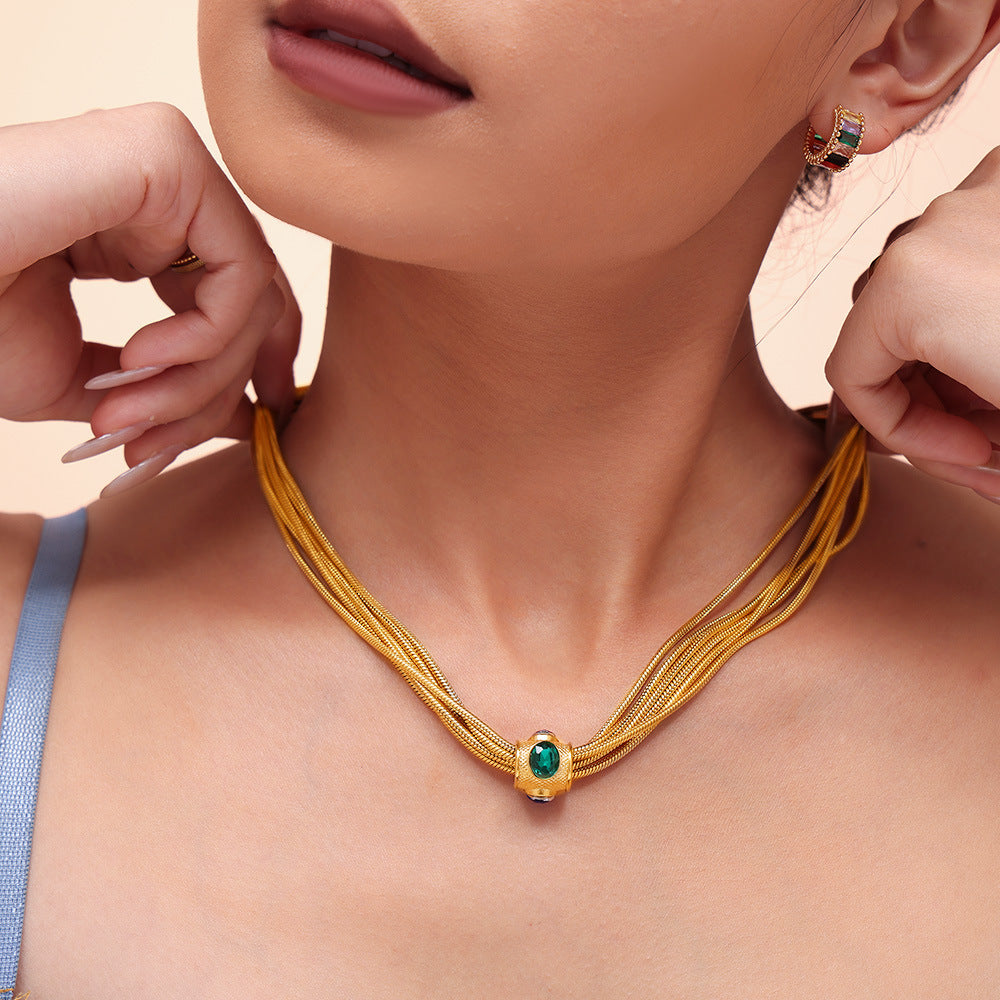 Collier & Bracelet – Chaînes Multi-rangs  Acier Plaqué Or & Strass –