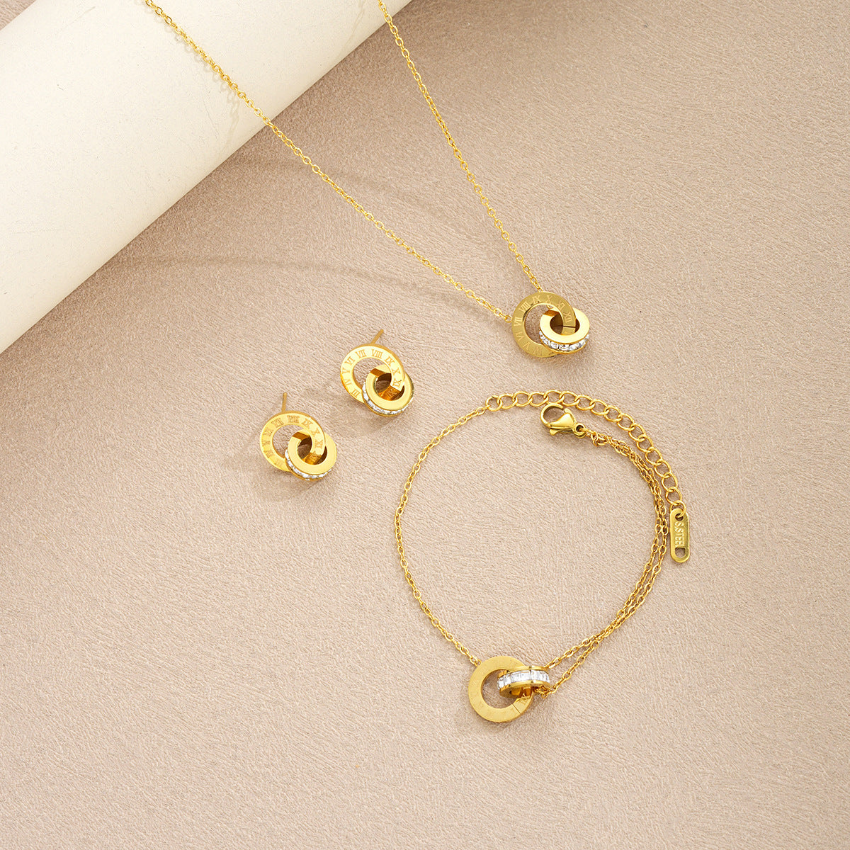 Parure Femme en Acier Inoxydable Doré  Collier, Bracelet et Boucles d'oreilles Cercle avec Zircons