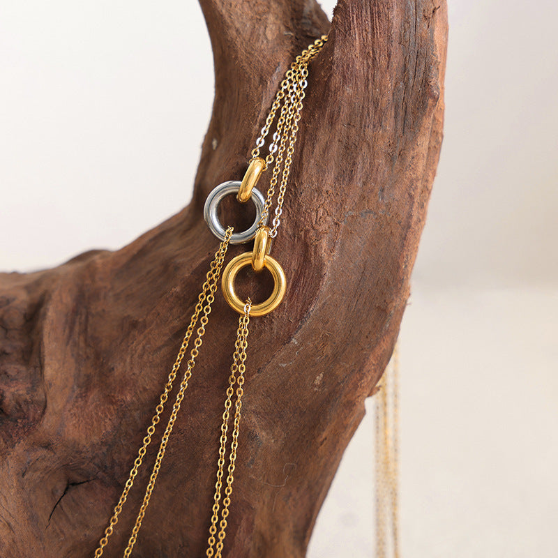 Collier Femme Double Anneaux  Chaîne Dorée & Argentée Style Luxe Minimaliste