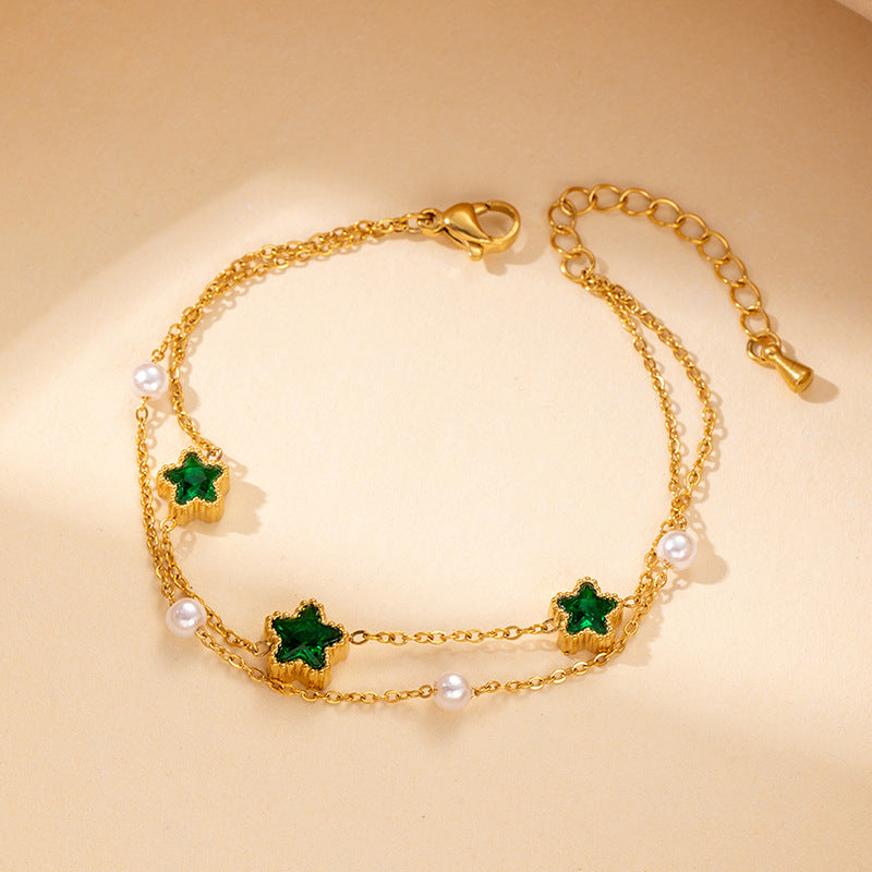 Bracelet femme doré en acier inoxydable  Double chaîne élégante avec pierres brillantes | Bijou mode chic & durable