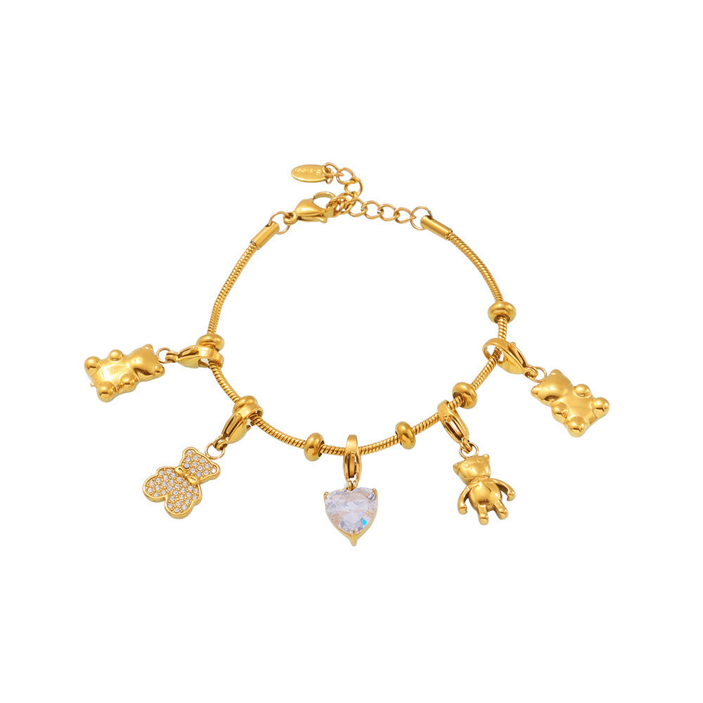 Bracelet Charms d'Or  Acier inoxydable doré et zircon, breloques cœur, papillon et ourson