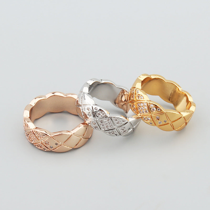 Bague Femme en Acier Inoxydable  Motif Losange avec Zircons, Doré/Argenté/Or Rose