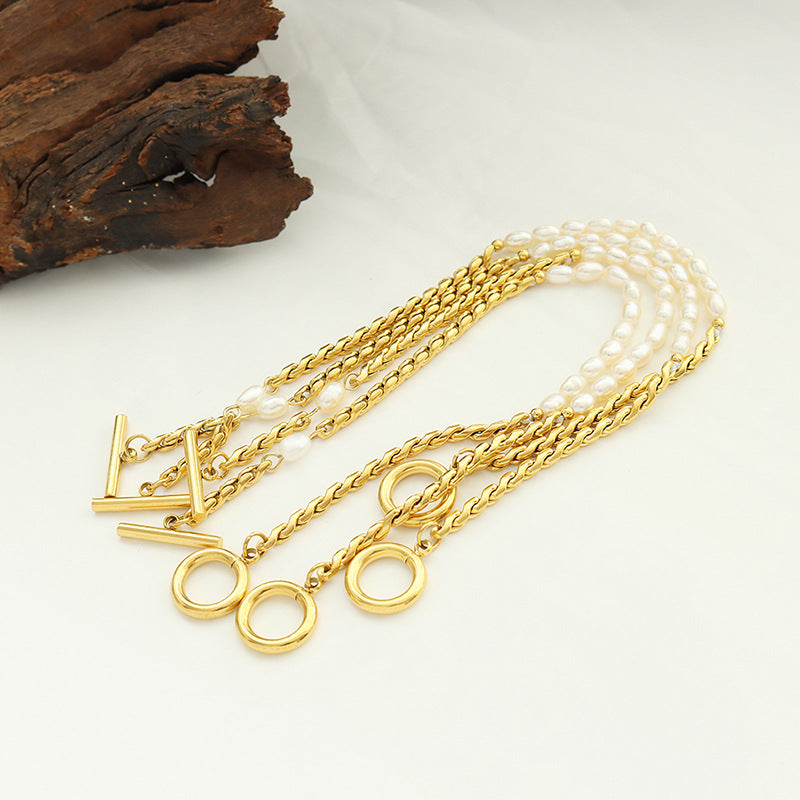 Bracelet Chaîne Dorée & Perles dEau Douce  Fermoir OT  Acier  Plaqué Or 18K
