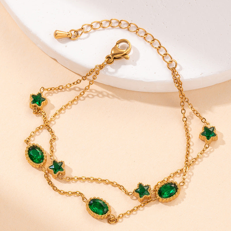 Bracelet femme doré en acier inoxydable  Double chaîne élégante avec pierres brillantes | Bijou mode chic & durable