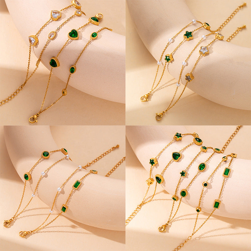 Bracelet femme doré en acier inoxydable  Double chaîne élégante avec pierres brillantes | Bijou mode chic & durable