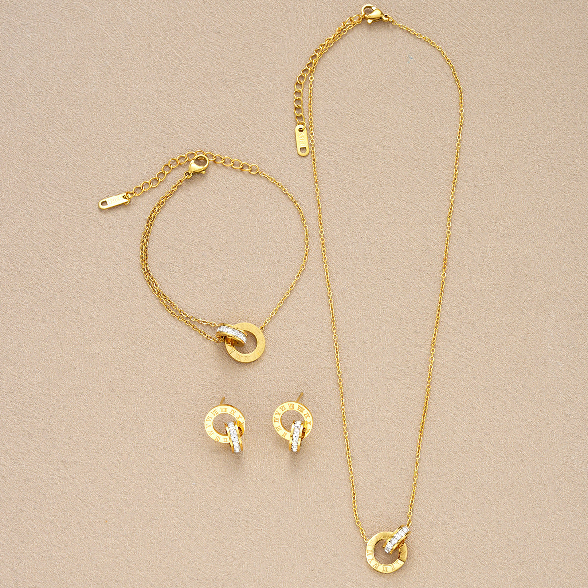 Parure Femme en Acier Inoxydable Doré  Collier, Bracelet et Boucles d'oreilles Cercle avec Zircons
