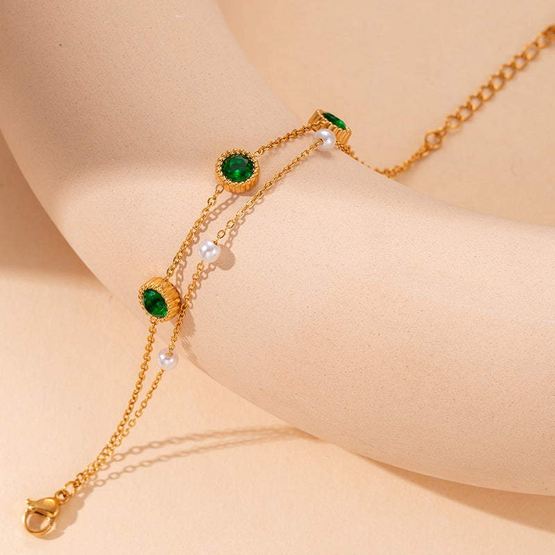 Bracelet femme doré en acier inoxydable  Double chaîne élégante avec pierres brillantes | Bijou mode chic & durable