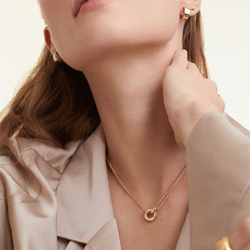 Collier Femme Double Anneaux  Chaîne Dorée & Argentée Style Luxe Minimaliste