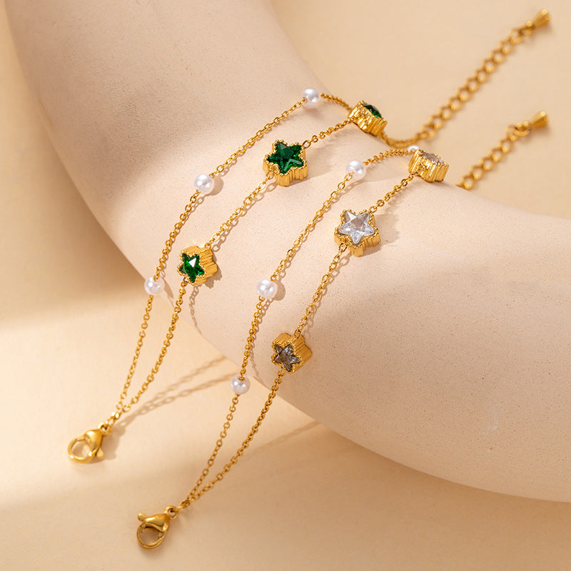 Bracelet femme doré en acier inoxydable  Double chaîne élégante avec pierres brillantes | Bijou mode chic & durable