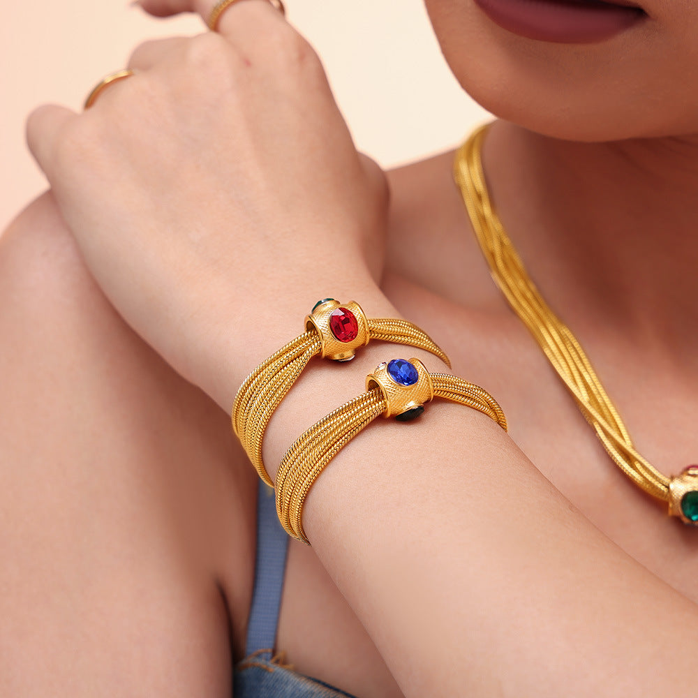 Collier & Bracelet – Chaînes Multi-rangs  Acier Plaqué Or & Strass –