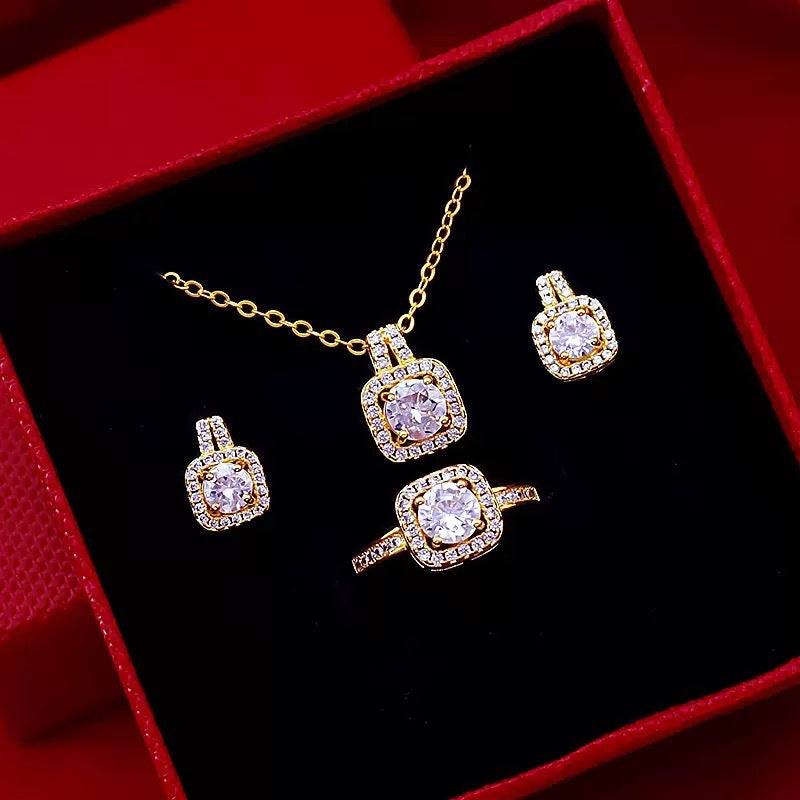 Parure de Bijoux Femme  Collier, Bague et Boucles dOreilles en Zircon Doré | Ensemble Élégant 3 Pièces
