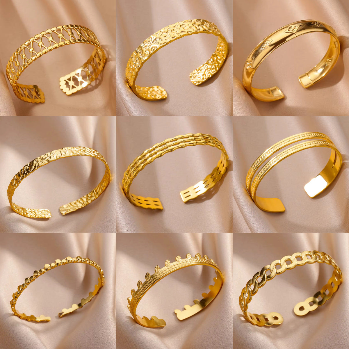 Bracelet Ouvert Vintage Français en Acier Inoxydable Texturé