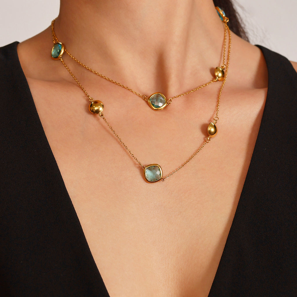 Collier Long Doré Enigma Super Flash  Verre Tchèque & Acier Inoxydable 18K