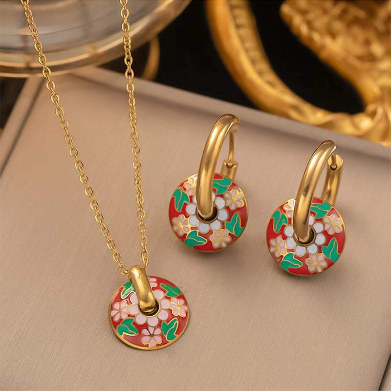 Parure Bijoux Femme  Collier & Boucles Dorés avec Motif Floral en Émail