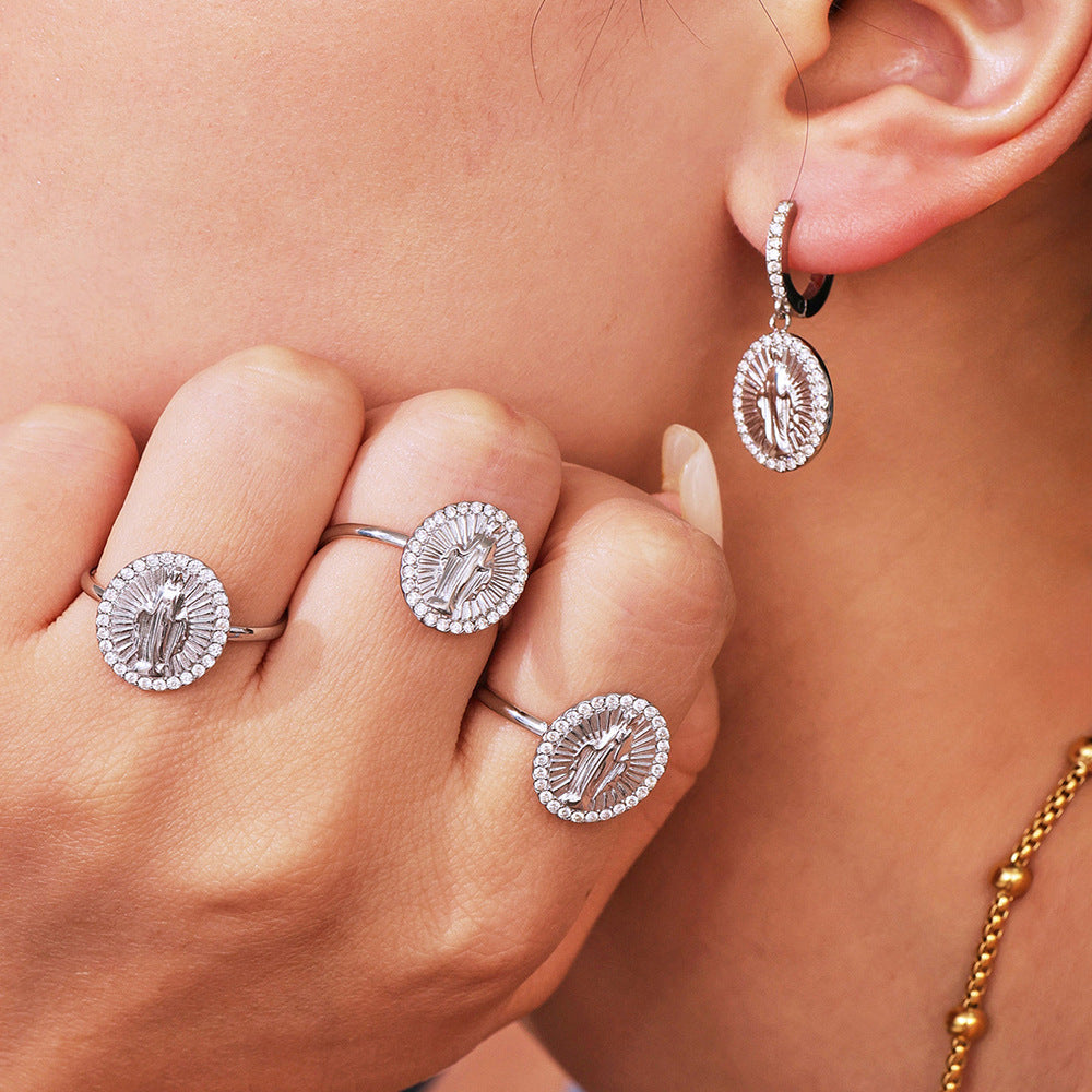 Bague Divine d'Or  Acier inoxydable et zircons, médaillon lumineux