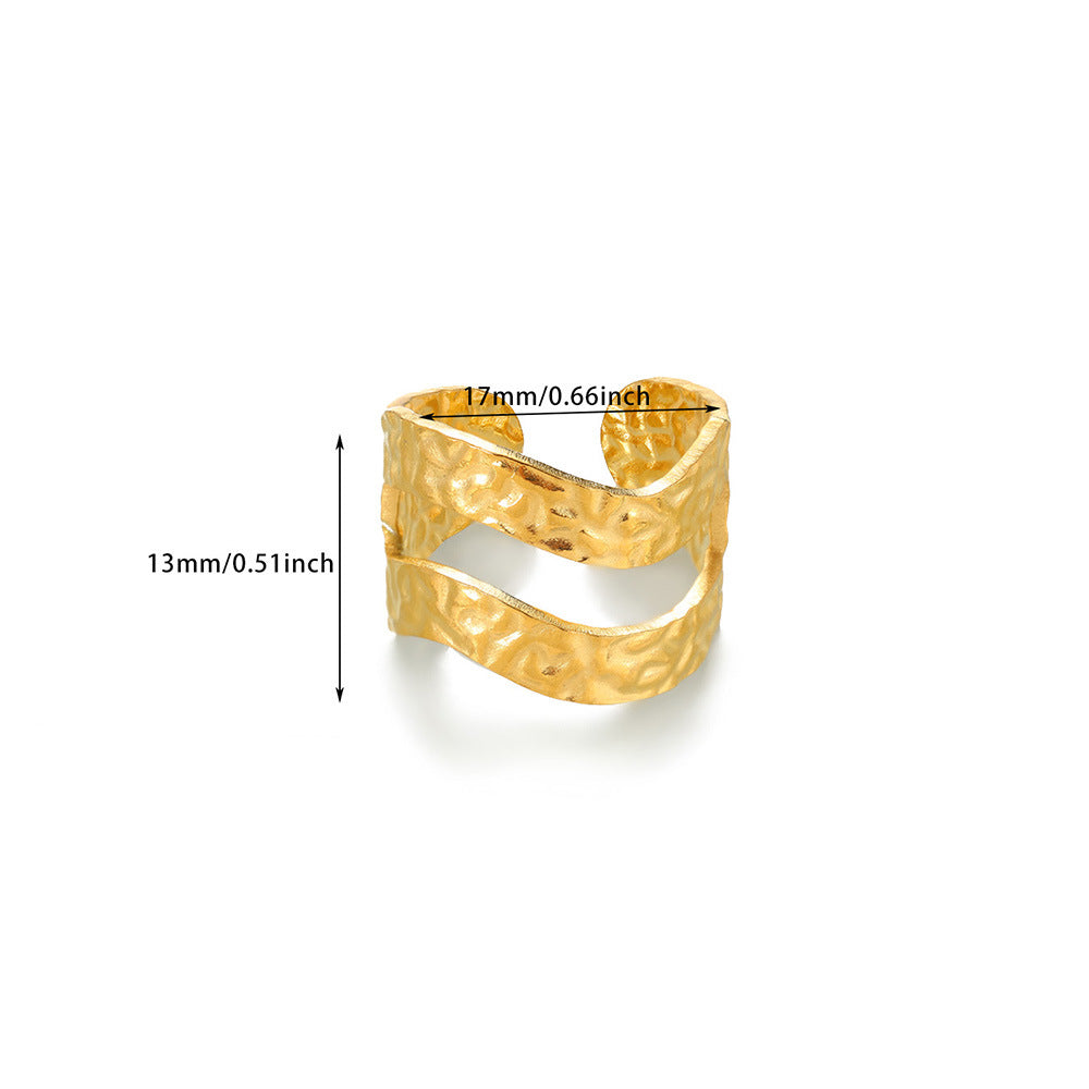 Bague femme martelée large ouverte  Acier inoxydable plaqué or ou argent