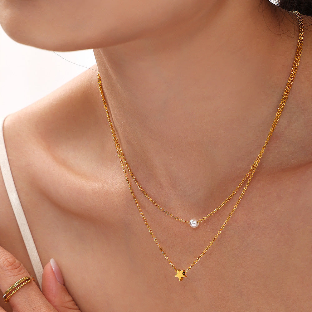 Collier Double Rang Perle & Étoile – Acier Argenté ou Doré Hypoallergénique