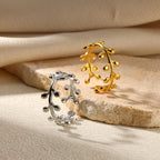 Bague femme feuillage ouverte  Acier inoxydable plaqué or ou argent