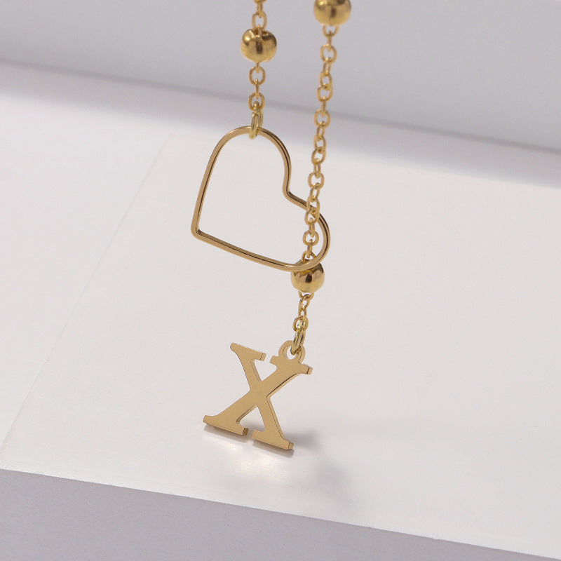 Collier Lettre Personnalisée  Acier Inoxydable Doré avec Cœur & Perles