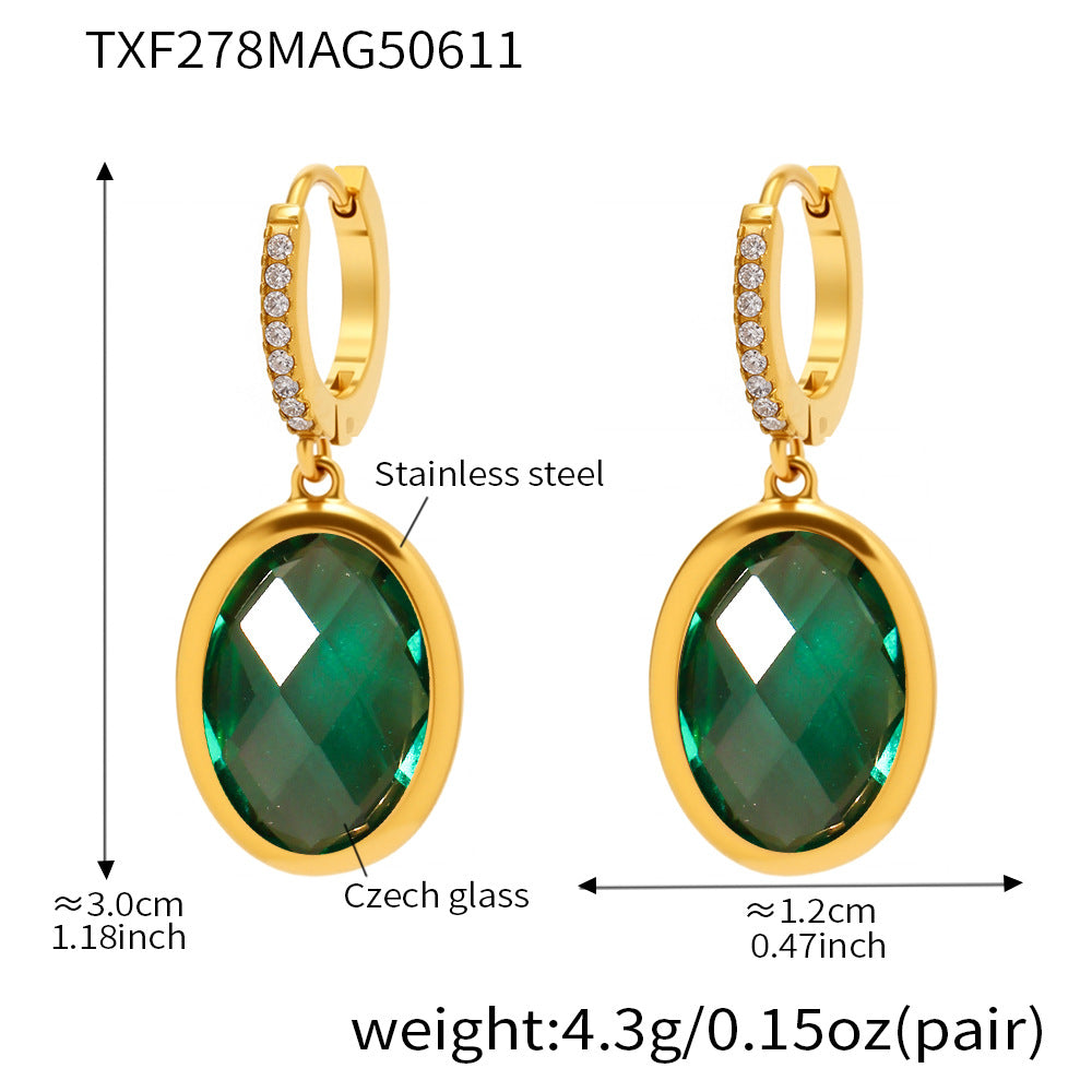 Boucles doreilles Enigma  Verre Tchèque Ovale Facetté & Acier Inoxydable Doré