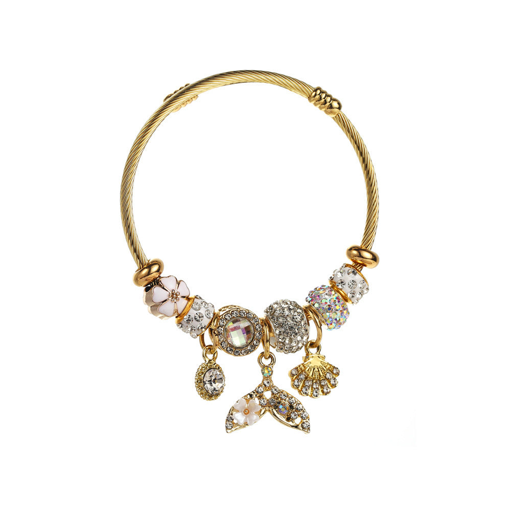 Bracelet femme en acier inoxydable doré  Charms coquillage & queue de poisson