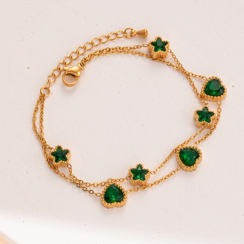 Bracelet femme doré en acier inoxydable  Double chaîne élégante avec pierres brillantes | Bijou mode chic & durable