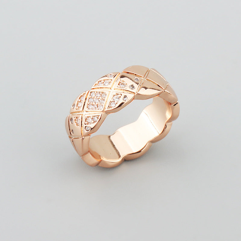 Bague Femme en Acier Inoxydable  Motif Losange avec Zircons, Doré/Argenté/Or Rose