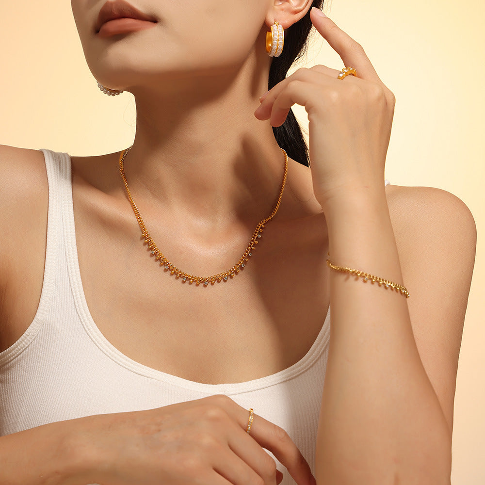 Bracelet à Pampilles et Strass en Acier  Plaqué Or 18K  Chaîne Ajustable Femme