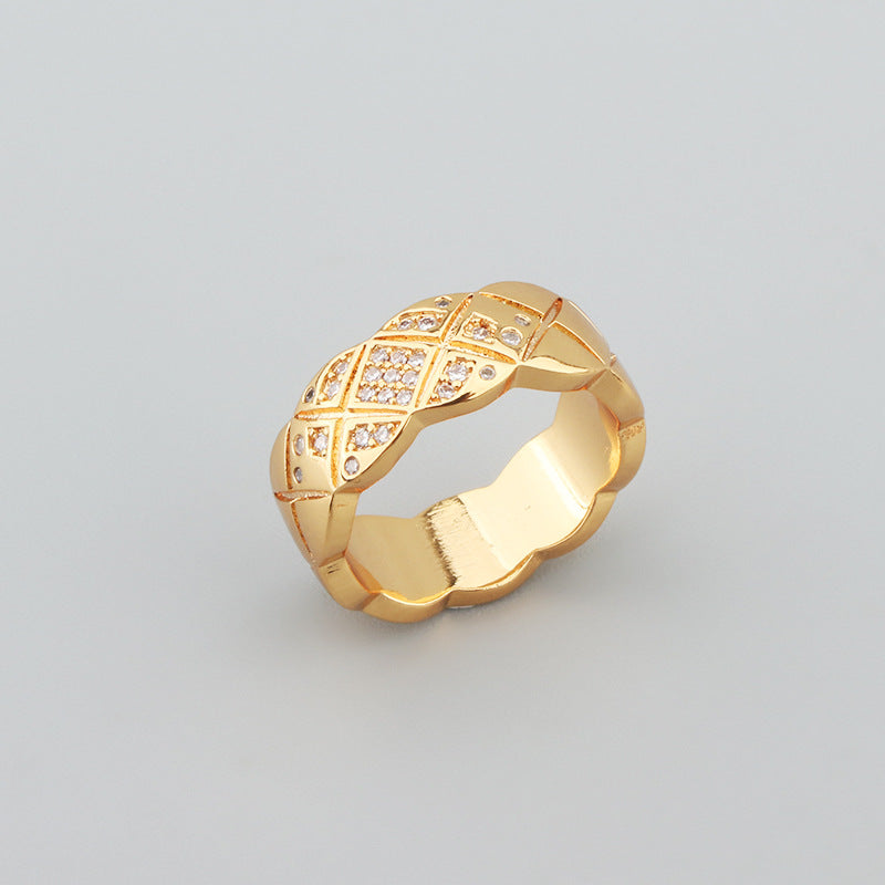 Bague Femme en Acier Inoxydable  Motif Losange avec Zircons, Doré/Argenté/Or Rose