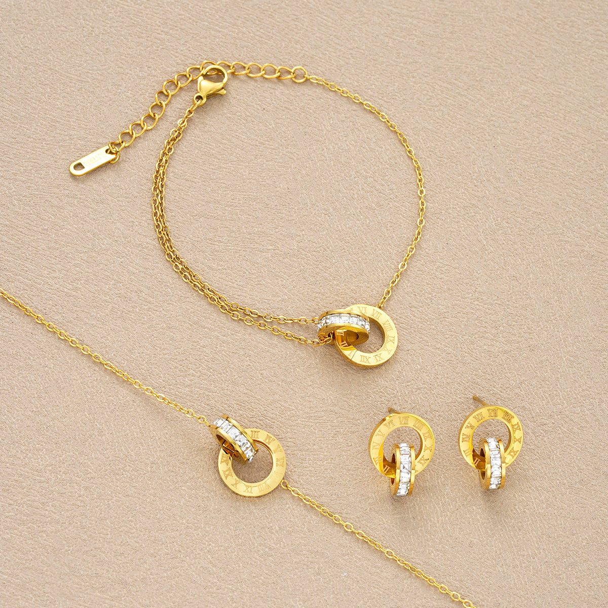Parure Femme en Acier Inoxydable Doré  Collier, Bracelet et Boucles d'oreilles Cercle avec Zircons