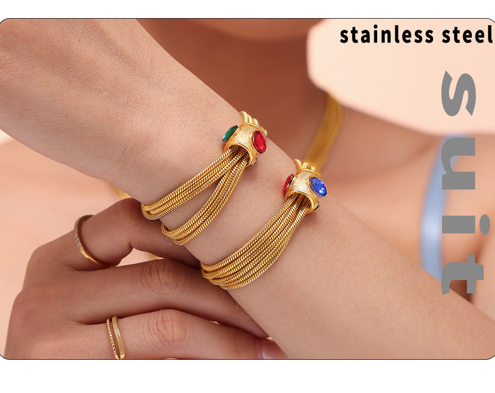 Collier & Bracelet – Chaînes Multi-rangs  Acier Plaqué Or & Strass –