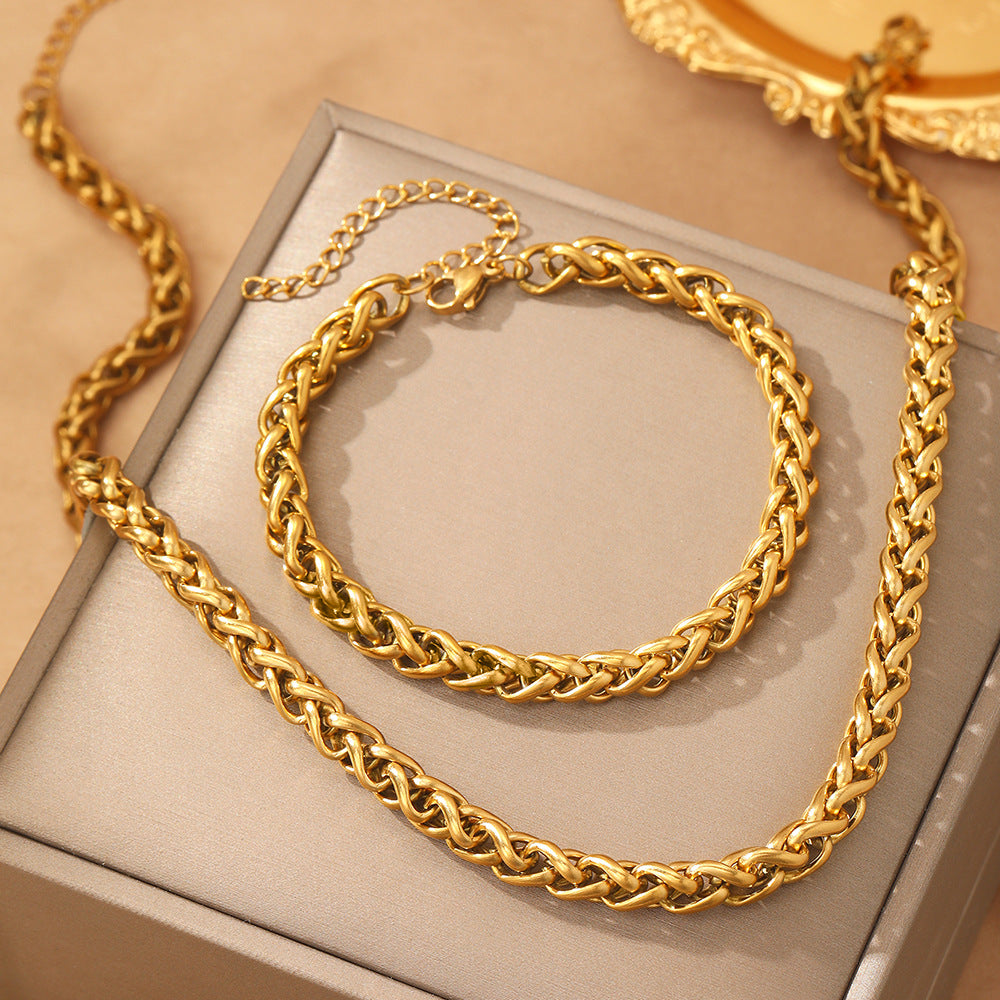Parure Collier et Bracelet en Acier Inoxydable Doré  Maille Torsadée Unisexe