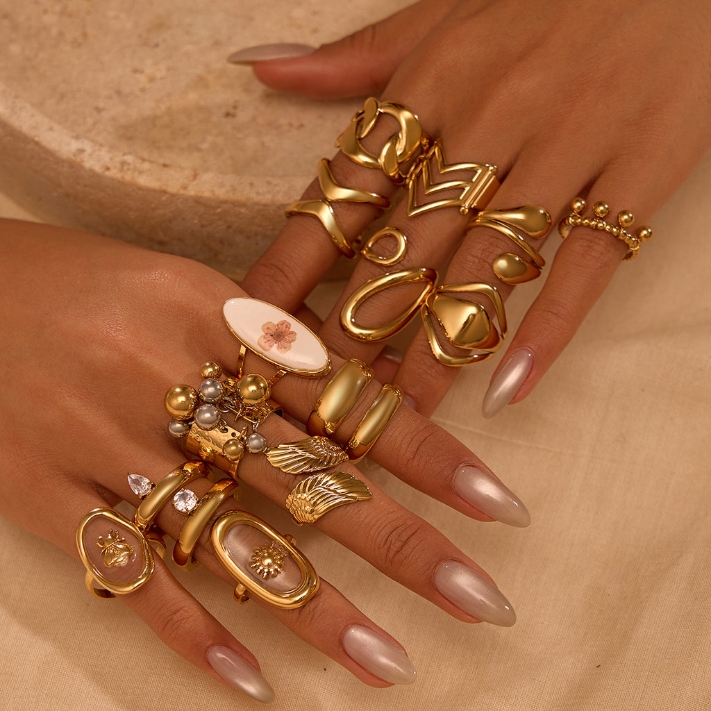 Bague femme en acier inoxydable doré 18k  Anneau perlé avec pendentifs boules tendance