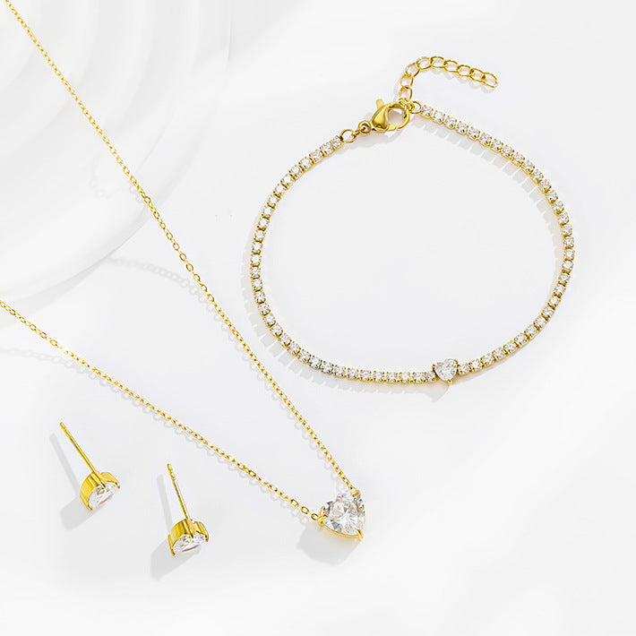 Parure Bijoux Femme  Collier, Bracelet & Boucles Cœur Zircon Doré 18K (Ensemble ou Séparés)